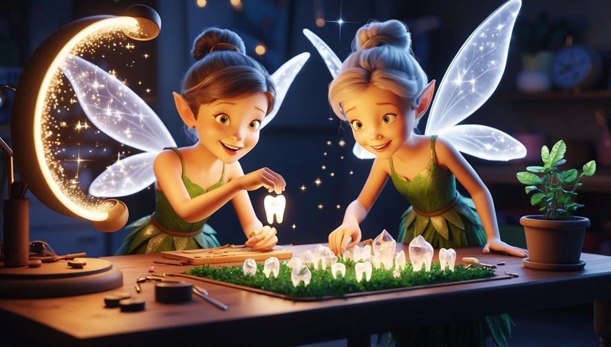 Two tooth fairies at their workshop desk examining magical teeth and preparing special tooth fairy letter templates for children's milestones