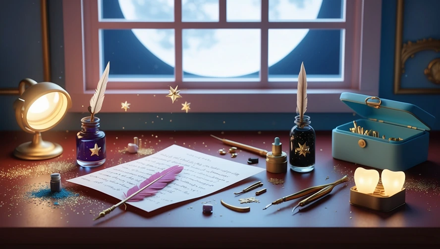Moonlit desk with tooth fairy letter writing supplies, including quills and special ink for personalized notes