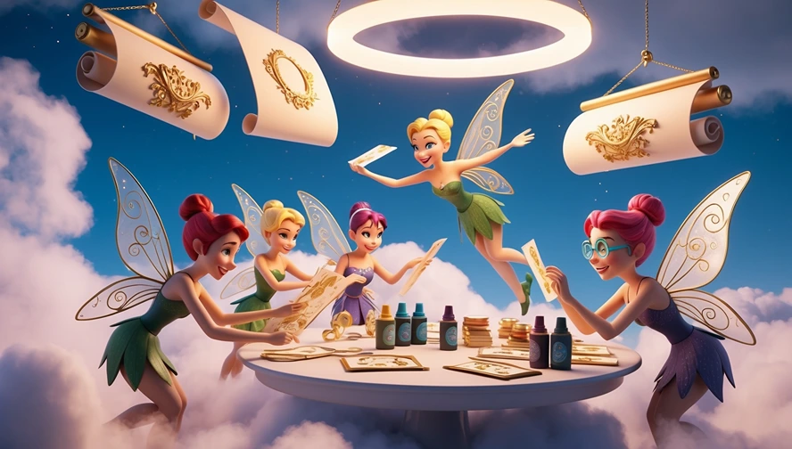 Group of tooth fairies collaborating on personalized letters with magical letterheads and special inks in cloud workshop