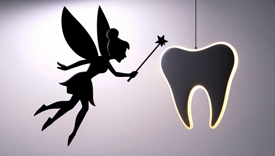 Tooth Fairy silhouette with magic wand touching illuminated tooth, symbolizing magical childhood traditions