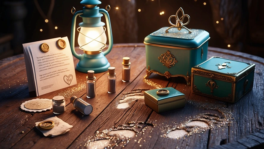 Tooth fairy visit scene with fairy dust footprints, magical lantern, personalized letter, and special containers