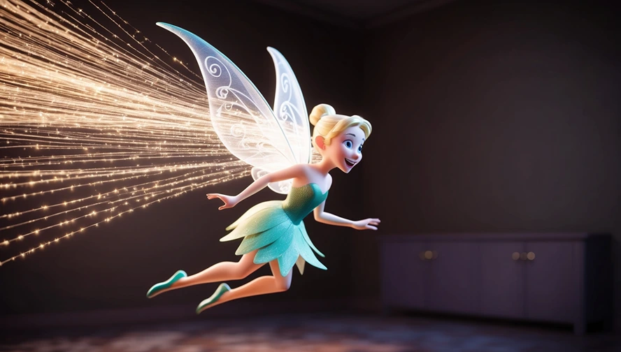 Tooth fairy with glowing wings creating spectacular trail of golden sparkles while flying through child's bedroom