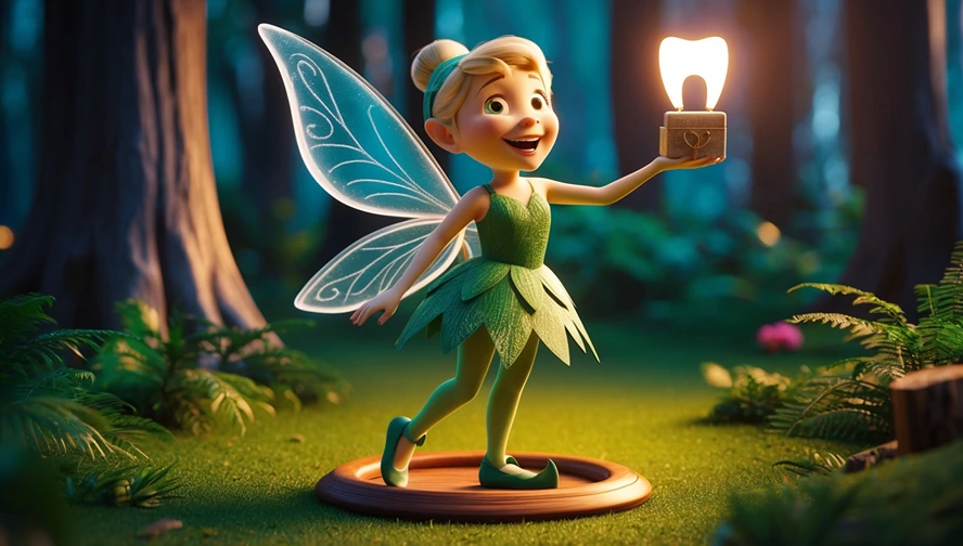 Tooth fairy holding glowing tooth display box in enchanted forest setting, highlighting premium keepsake storage solutions