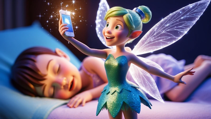 Animated tooth fairy with sparkly wings spreading magic while capturing moment with glowing smartphone near sleeping child