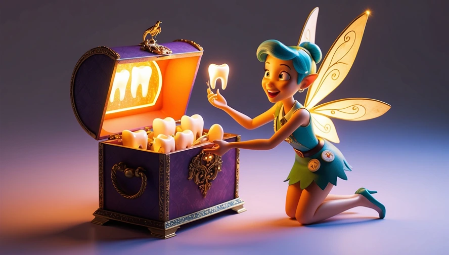 Professional tooth fairy with collector badges inspecting glowing tooth next to ornate purple treasure chest filled with teeth