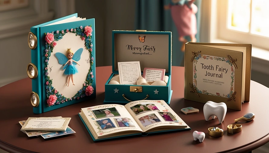 Collection of tooth fairy keepsakes including decorated memory book, letter storage box, tooth fairy journal, and preserved magical letters from Tooth Fairy Letter Bot