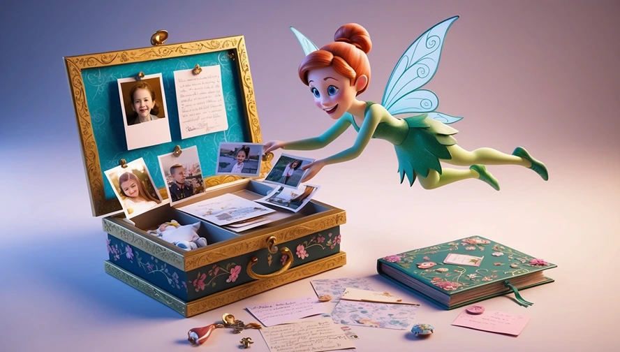Tooth fairy arranging photos and letters in an ornate memory box, demonstrating creative tooth fairy keepsake organization methods