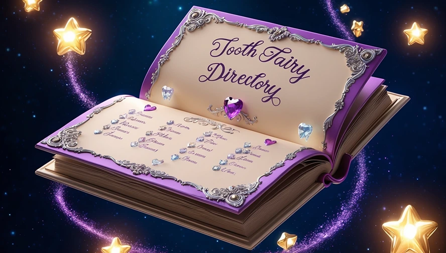 Magical tooth fairy directory book with ornate purple and silver design, floating among glowing stars and tooth-shaped gems, showcasing fairy names for our name generator