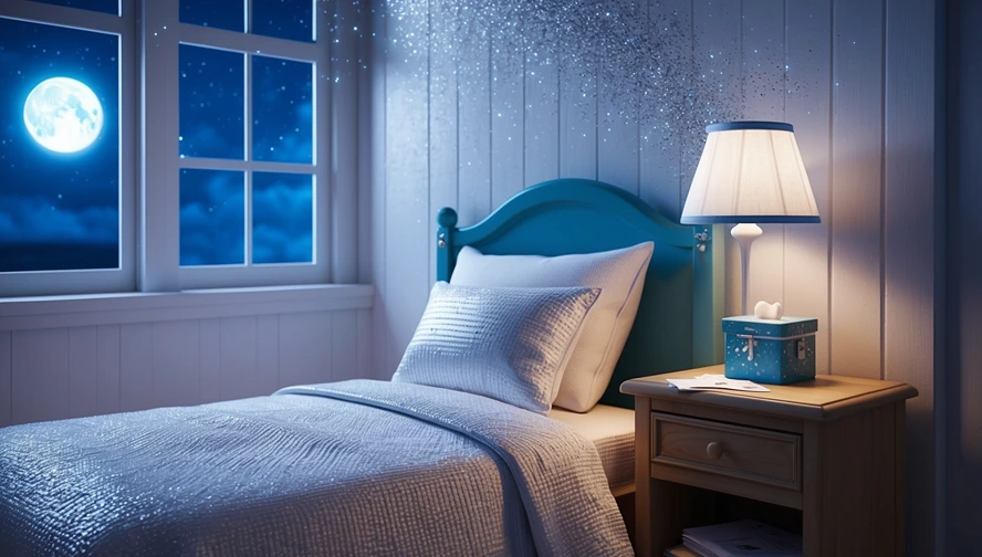 Child's bedroom at night with moonlight, magical sparkles, and tooth fairy box on nightstand