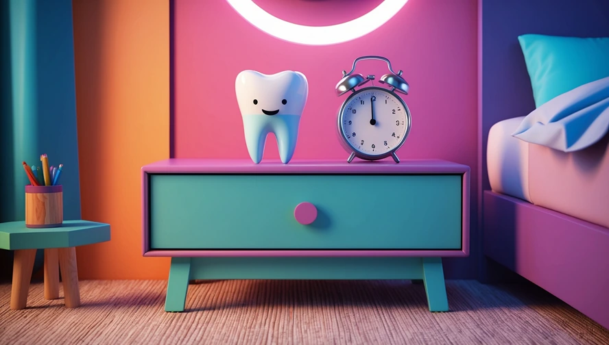 Colorful bedside scene with smiling tooth, alarm clock, and pillow showing tooth fairy preparation