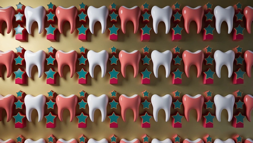 Decorative pattern of alternating pink and white teeth with teal stars, showing tooth loss milestones