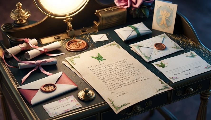 Elegant tooth fairy letters with wax seals, ribbons, and fairy designs created by Tooth Fairy Letter Bot's personalization service