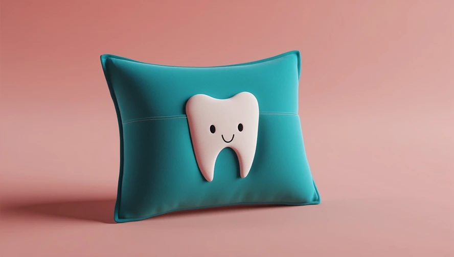 Teal tooth fairy pillow with smiling tooth design on pink background, showing traditional tooth storage