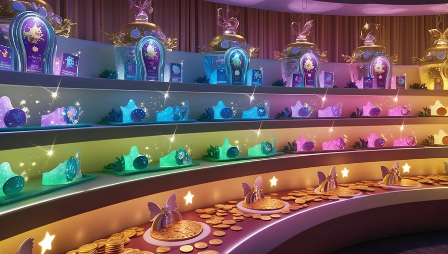 Colorful display of tooth fairy rewards and collections organized by age groups with magical lighting effects