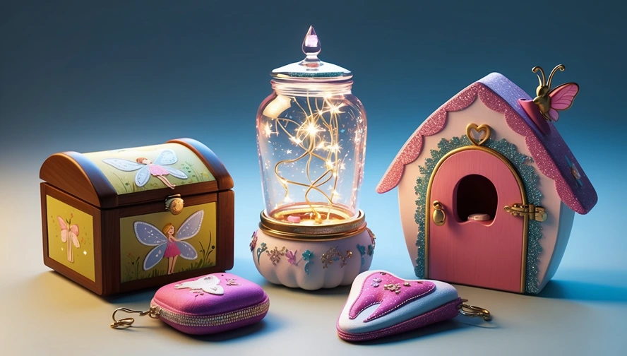Collection of enchanting tooth fairy containers including fairy door, light-up jar, and decorated boxes for storing lost teeth