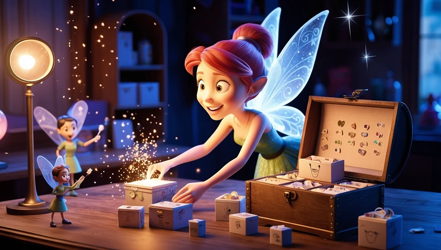 Tooth fairy and assistant fairies arranging multiple tooth storage boxes and compartments, showing comprehensive organization system