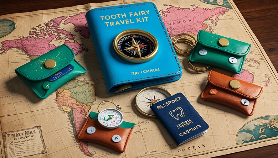Complete tooth fairy travel kit featuring passport, compass, currency pouches, and vintage world map