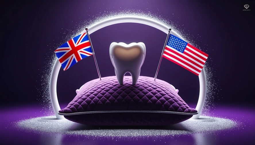 Purple tooth fairy pillow with American and British flags, showcasing different Western tooth fairy payment traditions