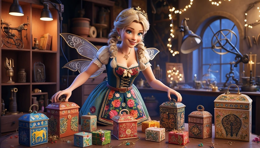 German tooth fairy (Zahnfee) with collection of ornate cultural tooth boxes showcasing global tooth fairy traditions